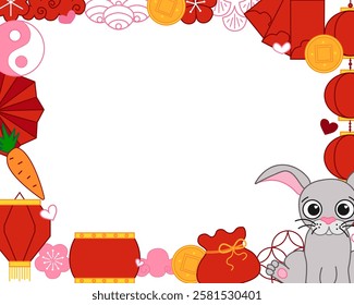 Chinese New Year 2035 bunny rabbit modern art design in red, gold and white colors for cover, card, poster, banner with trendy geometric pattern. Lunar lantern festival, vector rectangle frame