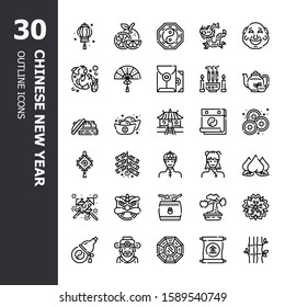 Chinese New Year 30 Thin line Outline icons set.Icon design for web design,mobile application,website and graphic design.