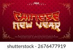 Chinese New Year 3D Text Effect Design Editable Vector Graphic Style with Shadow and Red White Typography Lettering on Traditional Pattern Background. Premium Scalable Lunar Celebration Illustration