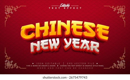 Estilo gráfico vetor editável do projeto do efeito de texto 3D do ano novo chinês com letras da tipografia da sombra e vermelha no fundo do padrão tradicional. Modelo de modelo de ilustração empresarial escalável premium