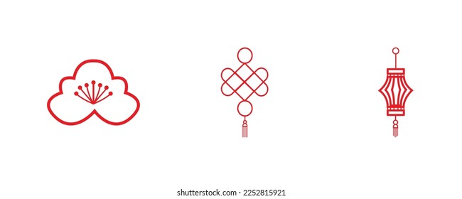 Chinese New Year abstract elements, flowers, lanterns, te Happy New Year, Bunny, line vector illustration.