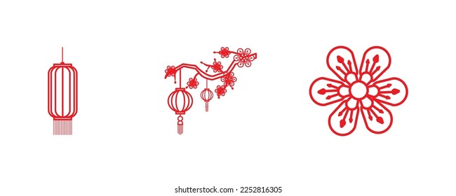 Chinese New Year abstract elements, flowers, lanterns, te Happy New Year, Bunny, line vector illustration.