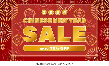 Chinese New Year ad template with red and gold fireworks