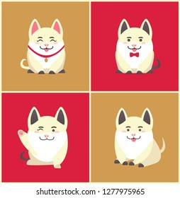 Chinese New Year animal pet pig animal in collar vector. Pig pretending to be puppy wearing bow on neck, domesticated canine holiday celebration set