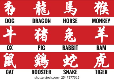  Chinese new year animal symbols. Hieroglyphs calligraphy. Named animals. Embossed Chinese Zodiac names of animals as symbols on white background. 