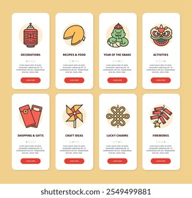 Chinesische Neujahr App Screens Karten Set enthalten Schlangenschild und Glücksbringer. Vektorgrafik der Karte