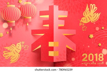 Chinese new year art, spring in Chinese word in pop up book style with golden bird and lanterns