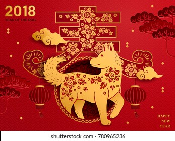 Chinese new year art, traditional chinese zodiac dog year paper art, spring word in Chinese isolated on red background