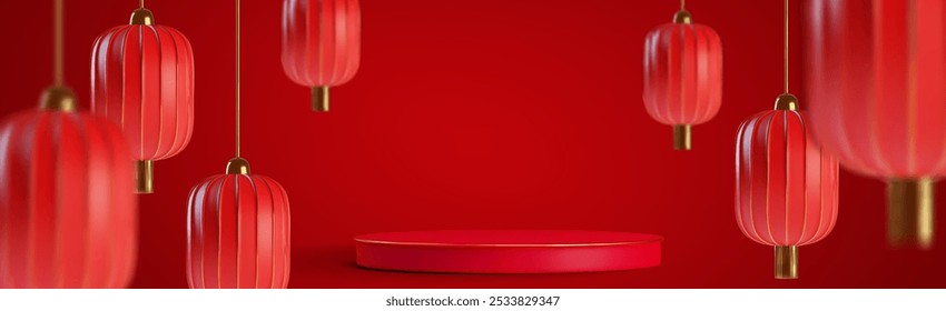 Año Nuevo chino o venta o presentación de festival asiático con podio o escenario de producto de cilindro rojo, linternas de papel colgantes con detalles de oro en el interior de la habitación del estudio. Saludo oriental 3d realista bg.