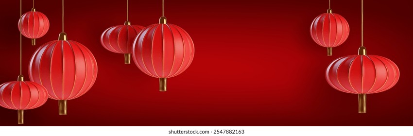 Chinese New Year or Asian festival red background with hanging paper lanterns with gold details. Realistic 3d vector oriental event greeting bg with frame made from traditional decorative elements.