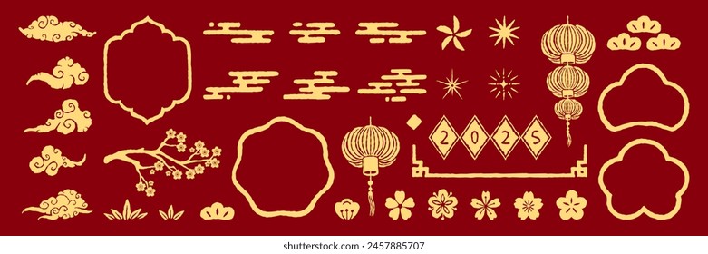 Chinese new year assets collection. Hand drawn traditional element, frame, lantern and flower. Vector texture set in Chinese and Japanese style for card, print, flyers, posters, merch, covers.
