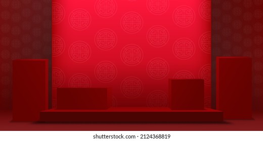 Chinese New Year backdrop,Studio room podium with lunar paper cut on red wall background, Vector illustration 3D Empty Gallery with stand display or shelf,Banner design for products presentation 