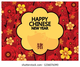 Chinese New Year background, 2019 year of the pig. Chinese Calligraphy Translation: Golden pig announce good fortune, small wording