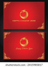 Chinese New Year background 2024 modern art design set in red, gold and white colors for cover, card, poster, banner. Chinese zodiac Dragon symbol. Hieroglyph means Happy New Year and Dragon symbol