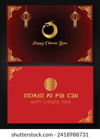 Chinese New Year background 2024 modern art design set in red, gold and white colors for cover, card, poster, banner. Chinese zodiac Dragon symbol. Hieroglyph means Happy New Year and Dragon symbol