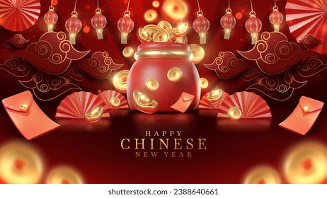 Chinese new year background with 3d realistic ornaments and red money bag elements and coin, gold ingot, lantern, envelope with glitter light effect decoration and bokeh.