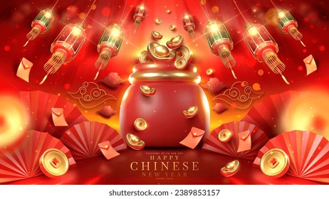 Antecedentes chinos de año nuevo con adornos 3d realistas y elementos de bolsas y monedas de dinero rojo, lingote de oro, linterna, sobre con brillante decoración de efecto luminoso y bokeh.