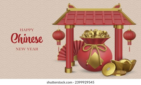 chinese new year background with 3d elements. chinese new year banner with realistic temple gate, lucky bag with and folding fan