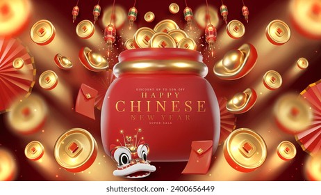 Chinese new year background with 3d realistic ornaments and red money bag elements and coin, gold ingot, lantern, envelope with glitter light effect decoration and bokeh.