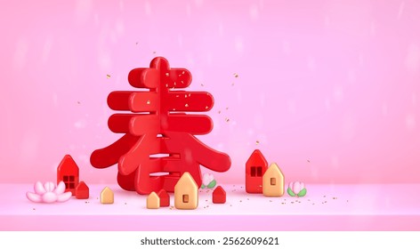Chinese New Year background. 3d spring festival banner with red and golden decoration element. Vector illustration