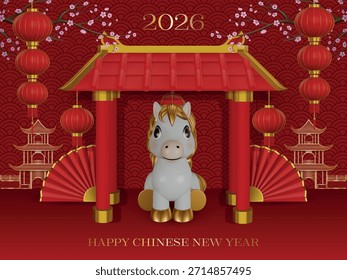 Fondo de año nuevo chino con caballo 3D, templo, abanicos plegables y linternas rojas. Afiche del año del caballo 2026