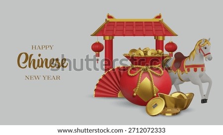 chinese new year background with 3d horse, lucky bag with coins, folding fan, temple and ingot. horse year banner