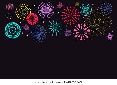 Chinese New Year background with bright fireworks of different colors on black. Vector illustration. Flat style design. Concept for holiday banner, greeting card, decorative element.
