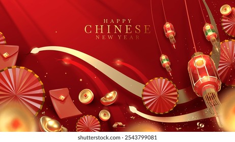 Chinese New Year background with bright lanterns with realistic 3D Chinese New Year elements, elegant style poster design concept for the Year of the Snake.