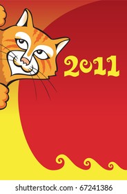 Chinese New Year background with cat, symbol of the year, greeting card, vector illustration
