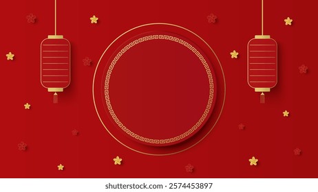 Chinese new year background with circle for show product. Greeting card. China frame with lantern on red background