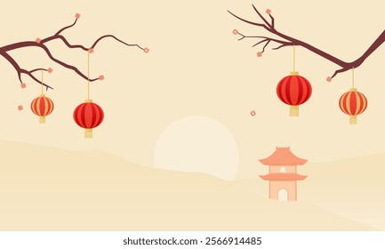 Chinese new year background concept. Red lanterns amidst cherry blossoms by a pagoda, creating a serene sunrise scene. Perfect for travel, Asian culture, spring concepts.