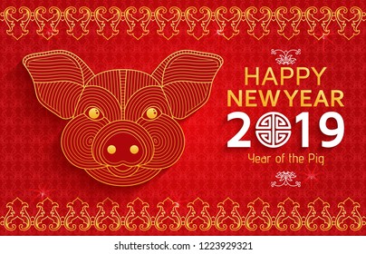 Chinese New Year background with creative stylized pig. Vector illustration