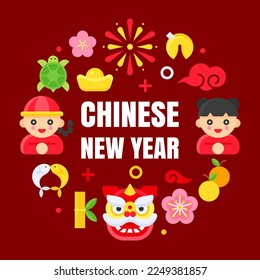 Antecedentes chinos del año nuevo con adorables elementos de dibujos animados, ilustración vectorial