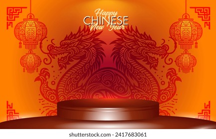 Chinese New Year background Decorations with Dragon and Traditional Paper Festival Lanterns Background. 