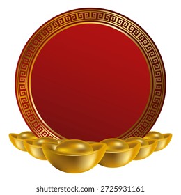 Fondo chino del Año Nuevo con un marco circular rojo con lingotes dorados tradicionales que simbolizan la riqueza, la prosperidad y la buena fortuna. Ilustración festiva del año Nuevo lunar con espacio de copia