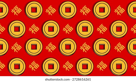 Fondo chino del año Nuevo que presenta un patrón sin fin de monedas de oro de la suerte y el patrón tradicional de caligrafía de caracteres Fu (fortuna) para la riqueza, la buena fortuna y el diseño de celebración oriental.