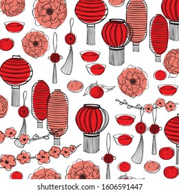 Chinese New Year background with flowers and lanterns. Vector sketch illustration.