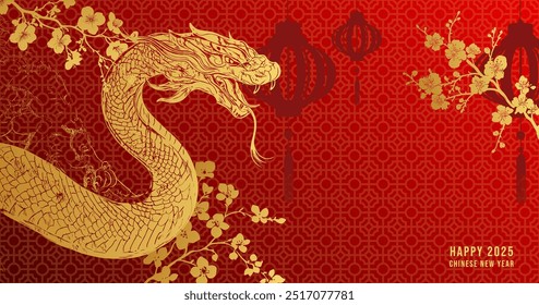 Fundo de ano novo chinês com espaço de cópia livre. Shio de Snake em ouro e vermelho 2025 ano novo lunar.