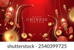 Chinese New Year background with glowing red lanterns, gold ingots, and traditional elements for luxurious holiday design. Poster for the Year of the Snake.