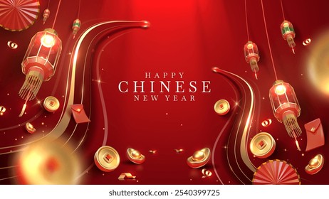 Chinese New Year background with glowing red lanterns, gold ingots, and traditional elements for luxurious holiday design. Poster for the Year of the Snake.