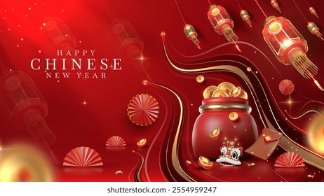 Chinese New Year background with glowing red lanterns, gold ingots, and traditional elements for luxurious holiday design. Poster template for the Year of the Snake.