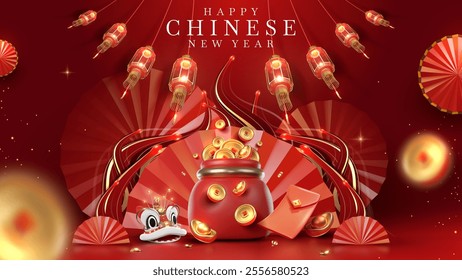 Chinese New Year background with glowing red lanterns, gold ingots, and traditional elements for luxurious holiday design. Poster template for the Year of the Snake.