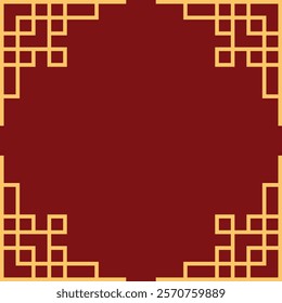 Chinese New Year background with a golden geometric frame on a rich red backdrop. Features elegant patterns, symbolizing prosperity. Perfect for banners, greeting cards, or festive decor.