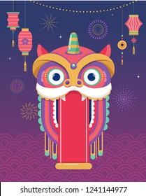 Chinese New Year background, greeting card with a lion dance, red dragon character