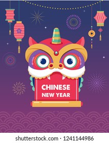 Chinese New Year background, greeting card with a lion dance, red dragon character