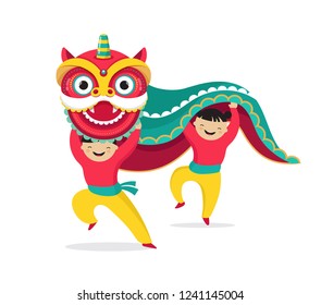 Chinese New Year background, greeting card with a lion dance, red dragon character