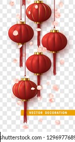 Chinese New Year. Background hanging Asian red lantern, falling petals pink flower sakura. (Translation Hieroglyph text Happy New Year.) vector illustration