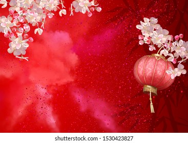 Chinese New Year background. Hanging silk lanterns and spring blooming branches on red background