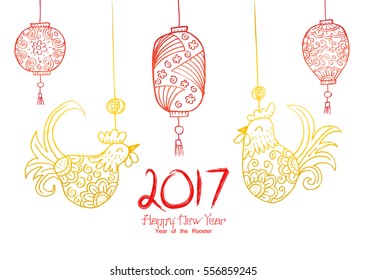 Chinese New Year background with hanging rooster and lantern. Decorative style.