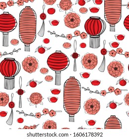 Chinese New Year background with holiday lanterns. Vector seamless pattern.